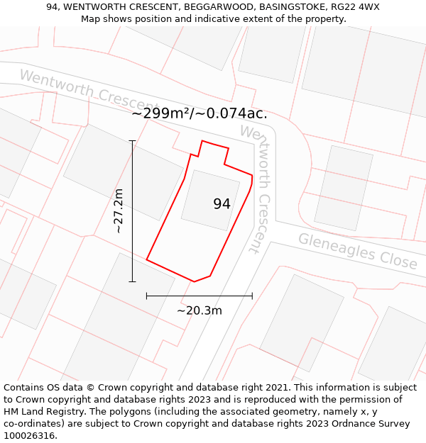 94, WENTWORTH CRESCENT, BEGGARWOOD, BASINGSTOKE, RG22 4WX: Plot and title map