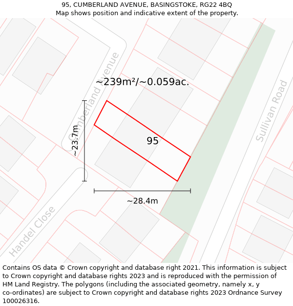 95, CUMBERLAND AVENUE, BASINGSTOKE, RG22 4BQ: Plot and title map