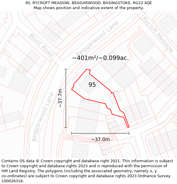 95, RYCROFT MEADOW, BEGGARWOOD, BASINGSTOKE, RG22 4QE: Plot and title map