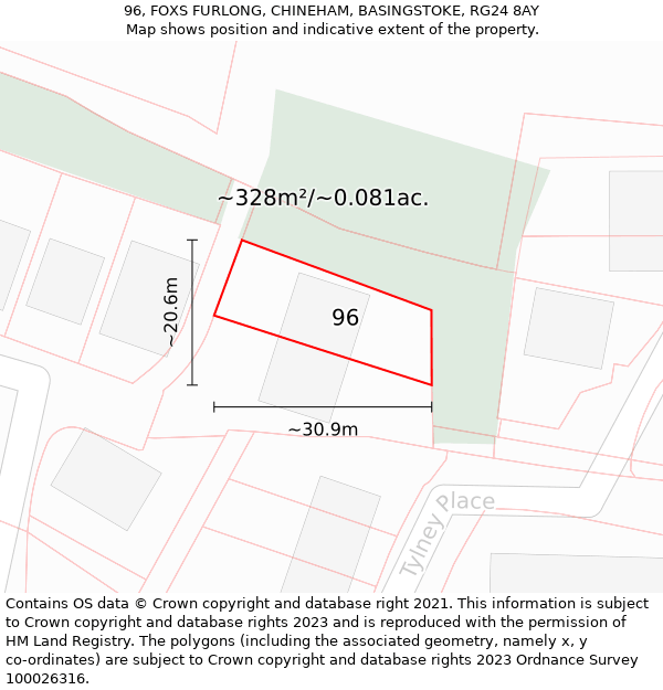 96, FOXS FURLONG, CHINEHAM, BASINGSTOKE, RG24 8AY: Plot and title map