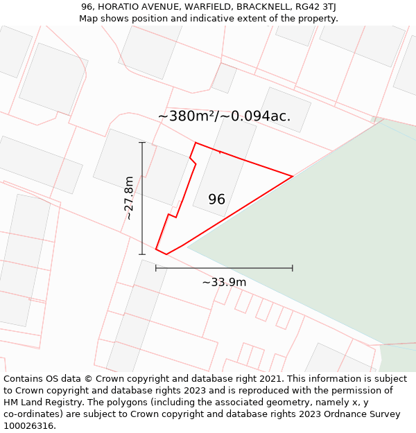 96, HORATIO AVENUE, WARFIELD, BRACKNELL, RG42 3TJ: Plot and title map