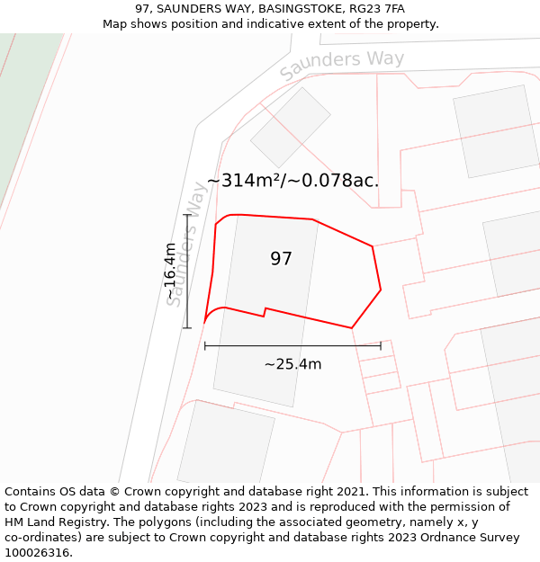 97, SAUNDERS WAY, BASINGSTOKE, RG23 7FA: Plot and title map