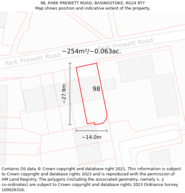 98, PARK PREWETT ROAD, BASINGSTOKE, RG24 9TY: Plot and title map