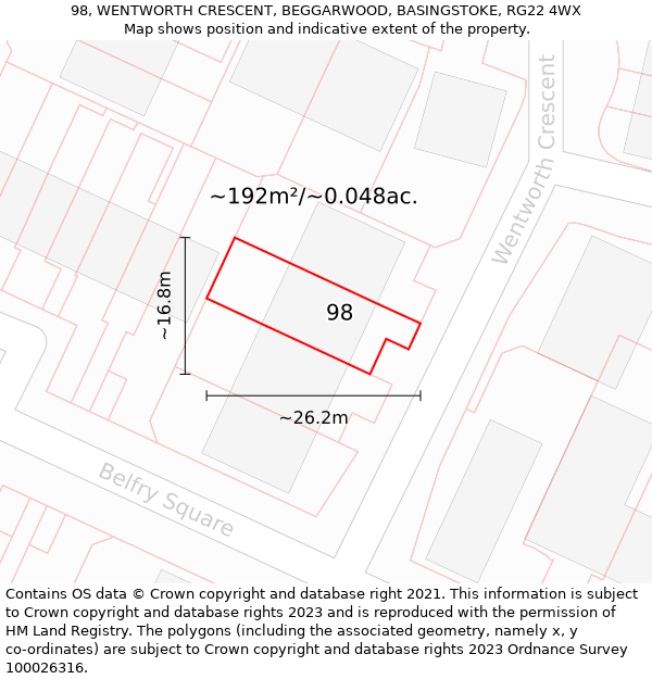 98, WENTWORTH CRESCENT, BEGGARWOOD, BASINGSTOKE, RG22 4WX: Plot and title map
