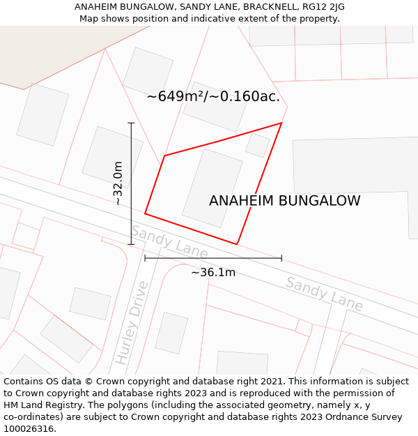 ANAHEIM BUNGALOW, SANDY LANE, BRACKNELL, RG12 2JG: Plot and title map