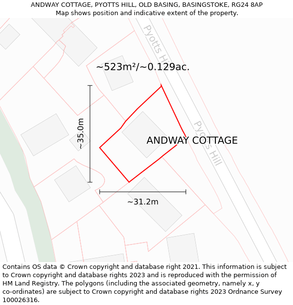 ANDWAY COTTAGE, PYOTTS HILL, OLD BASING, BASINGSTOKE, RG24 8AP: Plot and title map