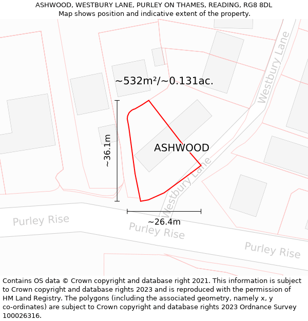 ASHWOOD, WESTBURY LANE, PURLEY ON THAMES, READING, RG8 8DL: Plot and title map