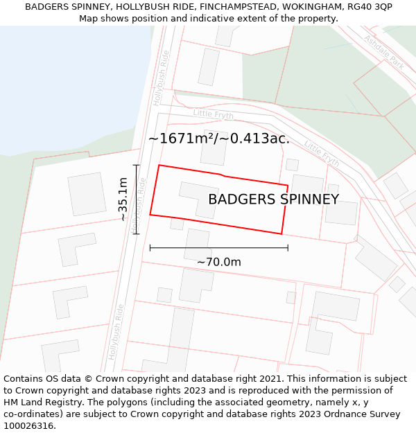 BADGERS SPINNEY, HOLLYBUSH RIDE, FINCHAMPSTEAD, WOKINGHAM, RG40 3QP: Plot and title map