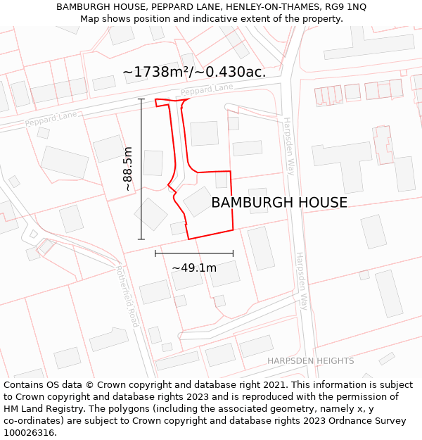 BAMBURGH HOUSE, PEPPARD LANE, HENLEY-ON-THAMES, RG9 1NQ: Plot and title map