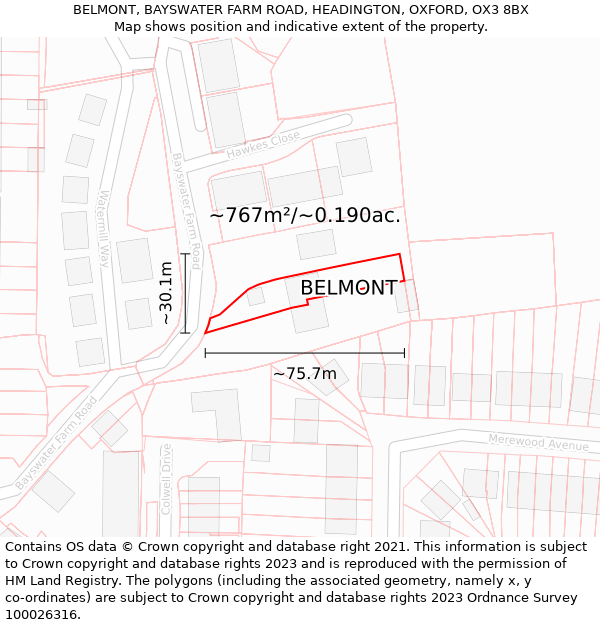 BELMONT, BAYSWATER FARM ROAD, HEADINGTON, OXFORD, OX3 8BX: Plot and title map