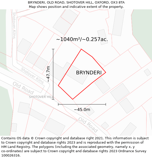 BRYNDERI, OLD ROAD, SHOTOVER HILL, OXFORD, OX3 8TA: Plot and title map