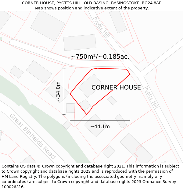 CORNER HOUSE, PYOTTS HILL, OLD BASING, BASINGSTOKE, RG24 8AP: Plot and title map