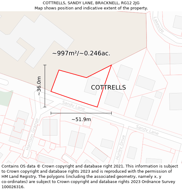 COTTRELLS, SANDY LANE, BRACKNELL, RG12 2JG: Plot and title map