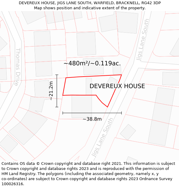 DEVEREUX HOUSE, JIGS LANE SOUTH, WARFIELD, BRACKNELL, RG42 3DP: Plot and title map