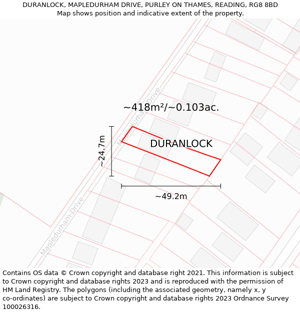 DURANLOCK, MAPLEDURHAM DRIVE, PURLEY ON THAMES, READING, RG8 8BD: Plot and title map