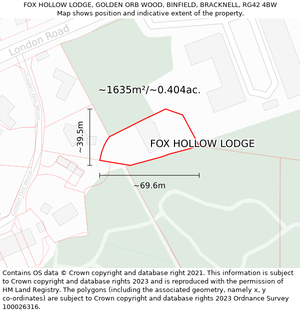 FOX HOLLOW LODGE, GOLDEN ORB WOOD, BINFIELD, BRACKNELL, RG42 4BW: Plot and title map