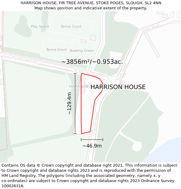 HARRISON HOUSE, FIR TREE AVENUE, STOKE POGES, SLOUGH, SL2 4NN: Plot and title map