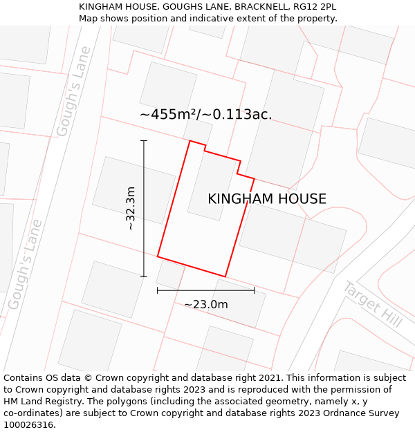 KINGHAM HOUSE, GOUGHS LANE, BRACKNELL, RG12 2PL: Plot and title map