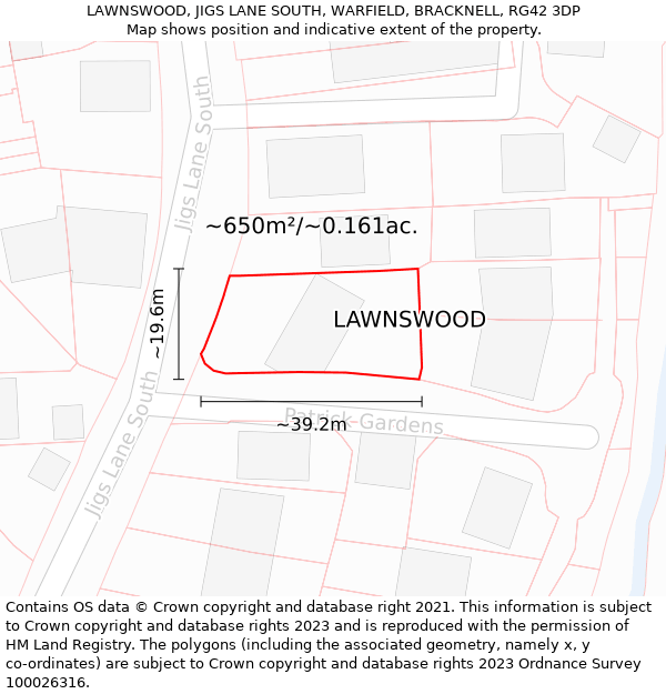 LAWNSWOOD, JIGS LANE SOUTH, WARFIELD, BRACKNELL, RG42 3DP: Plot and title map