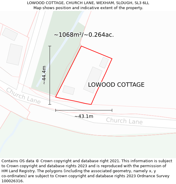 LOWOOD COTTAGE, CHURCH LANE, WEXHAM, SLOUGH, SL3 6LL: Plot and title map