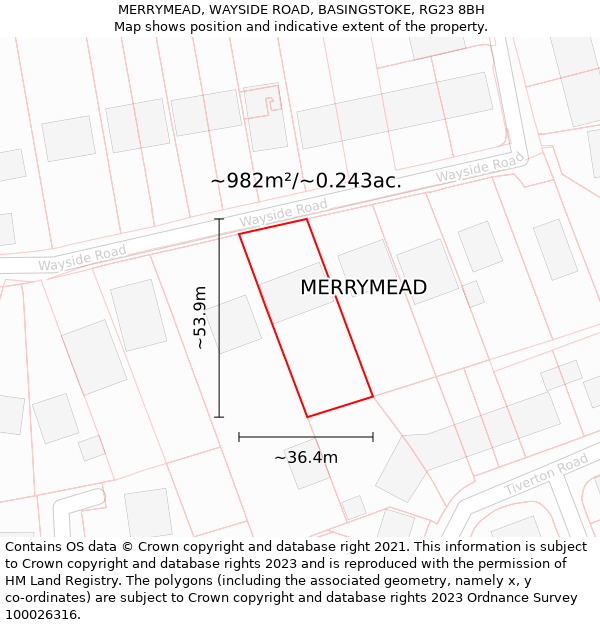 MERRYMEAD, WAYSIDE ROAD, BASINGSTOKE, RG23 8BH: Plot and title map