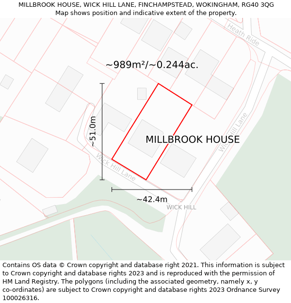 MILLBROOK HOUSE, WICK HILL LANE, FINCHAMPSTEAD, WOKINGHAM, RG40 3QG: Plot and title map