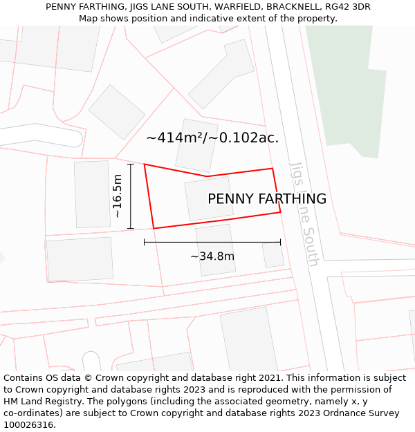PENNY FARTHING, JIGS LANE SOUTH, WARFIELD, BRACKNELL, RG42 3DR: Plot and title map