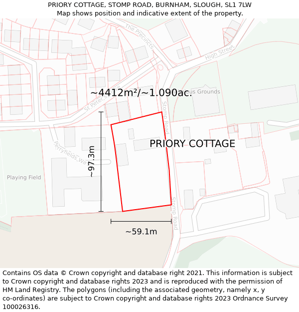 PRIORY COTTAGE, STOMP ROAD, BURNHAM, SLOUGH, SL1 7LW: Plot and title map