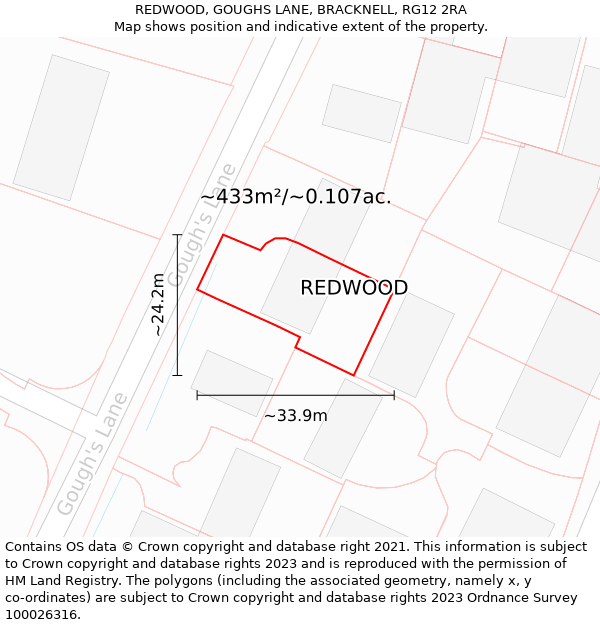 REDWOOD, GOUGHS LANE, BRACKNELL, RG12 2RA: Plot and title map