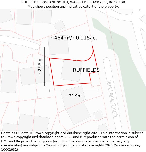 RUFFIELDS, JIGS LANE SOUTH, WARFIELD, BRACKNELL, RG42 3DR: Plot and title map