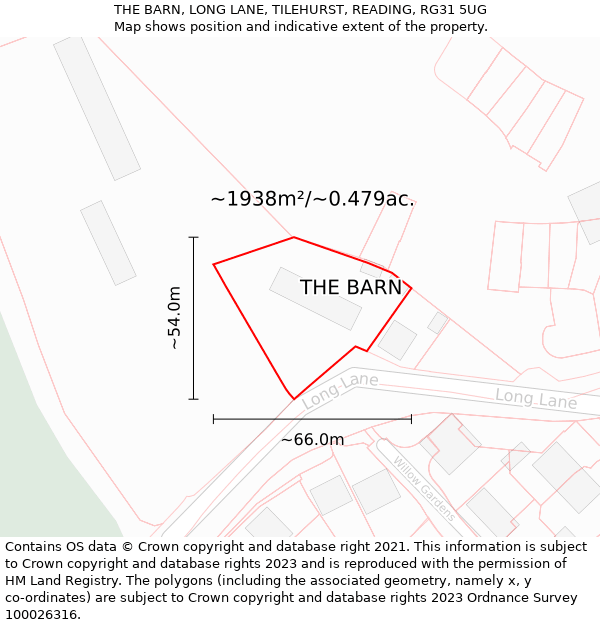 THE BARN, LONG LANE, TILEHURST, READING, RG31 5UG: Plot and title map