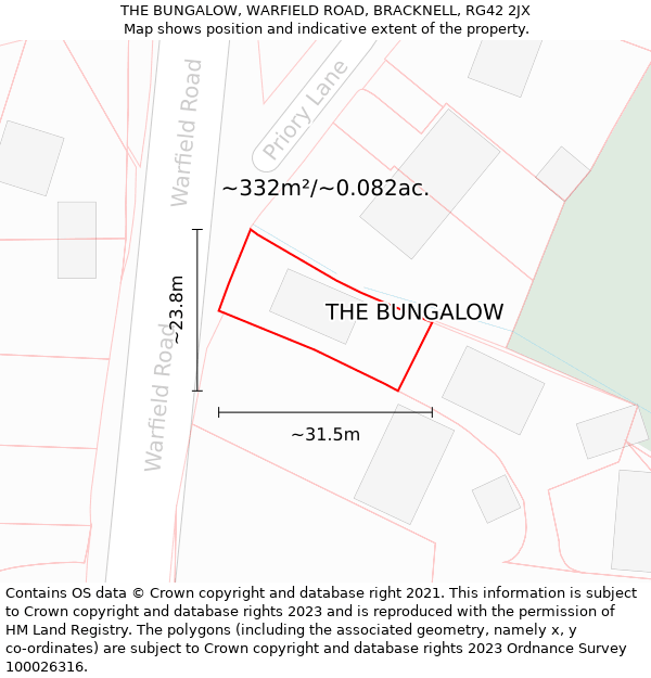 THE BUNGALOW, WARFIELD ROAD, BRACKNELL, RG42 2JX: Plot and title map