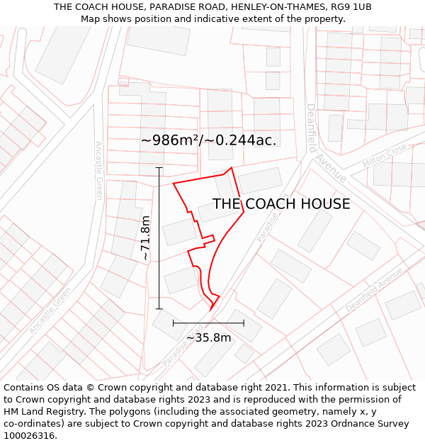 THE COACH HOUSE, PARADISE ROAD, HENLEY-ON-THAMES, RG9 1UB: Plot and title map