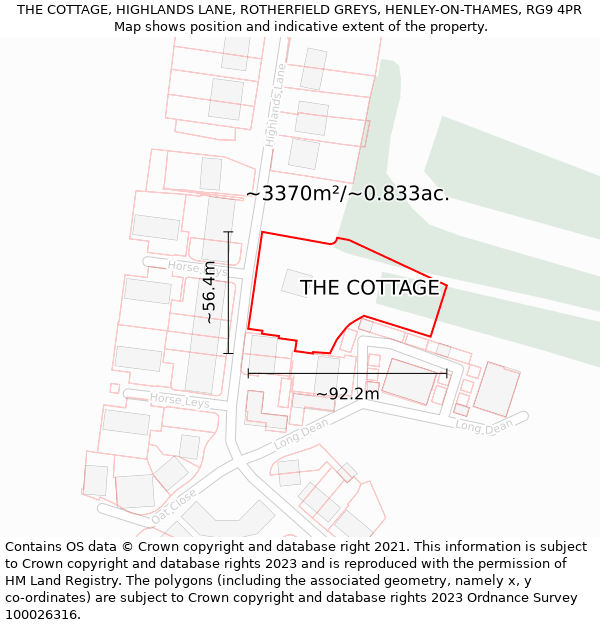 THE COTTAGE, HIGHLANDS LANE, ROTHERFIELD GREYS, HENLEY-ON-THAMES, RG9 4PR: Plot and title map