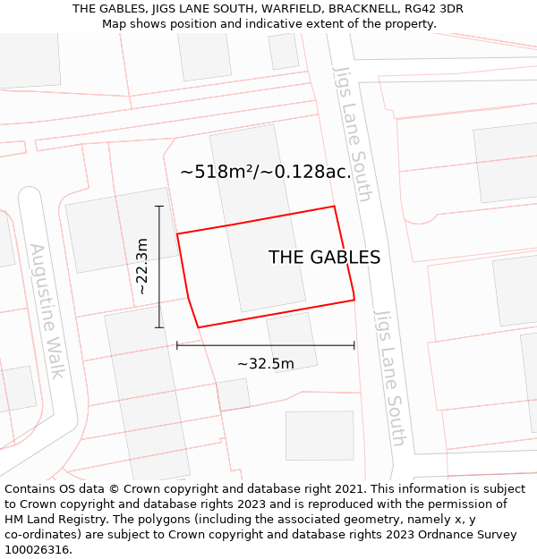 THE GABLES, JIGS LANE SOUTH, WARFIELD, BRACKNELL, RG42 3DR: Plot and title map