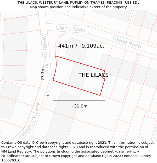THE LILACS, WESTBURY LANE, PURLEY ON THAMES, READING, RG8 8DL: Plot and title map