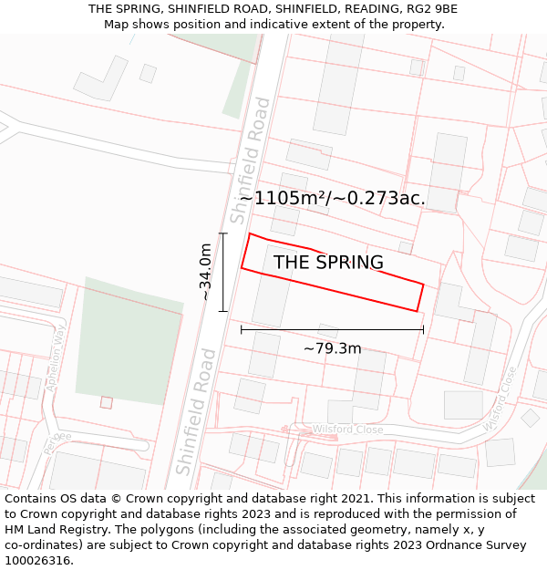 THE SPRING, SHINFIELD ROAD, SHINFIELD, READING, RG2 9BE: Plot and title map