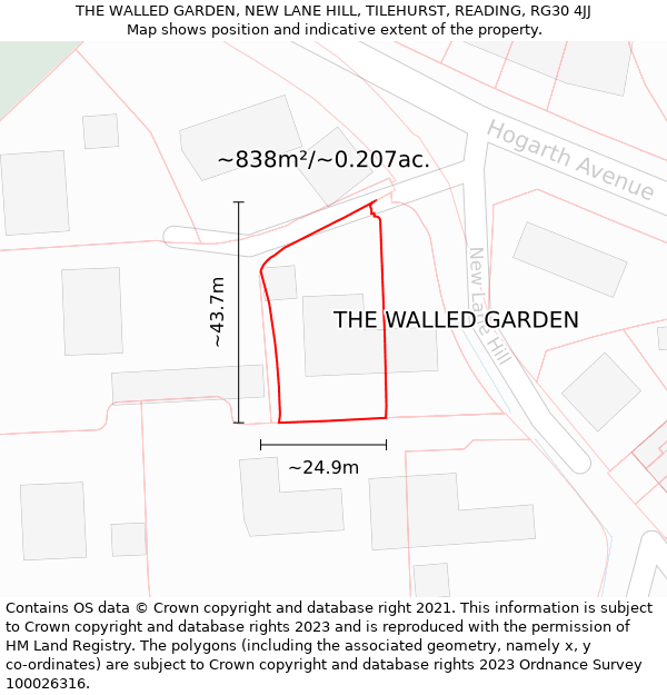 THE WALLED GARDEN, NEW LANE HILL, TILEHURST, READING, RG30 4JJ: Plot and title map
