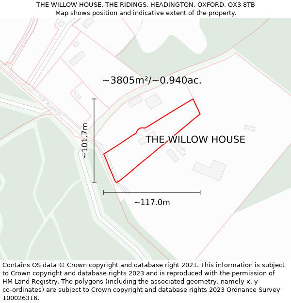 THE WILLOW HOUSE, THE RIDINGS, HEADINGTON, OXFORD, OX3 8TB: Plot and title map