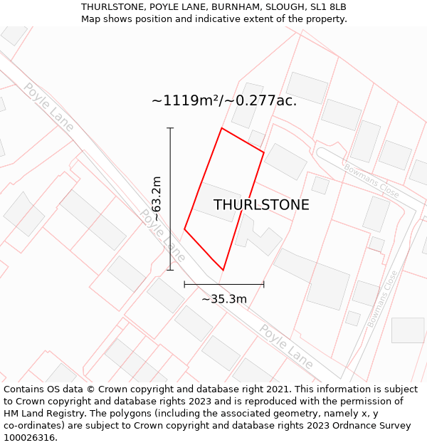 THURLSTONE, POYLE LANE, BURNHAM, SLOUGH, SL1 8LB: Plot and title map