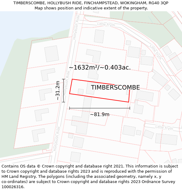 TIMBERSCOMBE, HOLLYBUSH RIDE, FINCHAMPSTEAD, WOKINGHAM, RG40 3QP: Plot and title map
