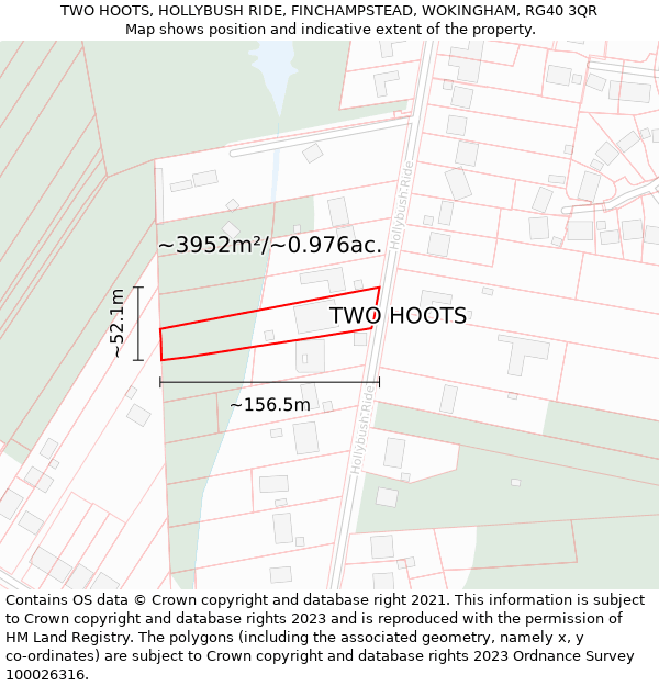 TWO HOOTS, HOLLYBUSH RIDE, FINCHAMPSTEAD, WOKINGHAM, RG40 3QR: Plot and title map