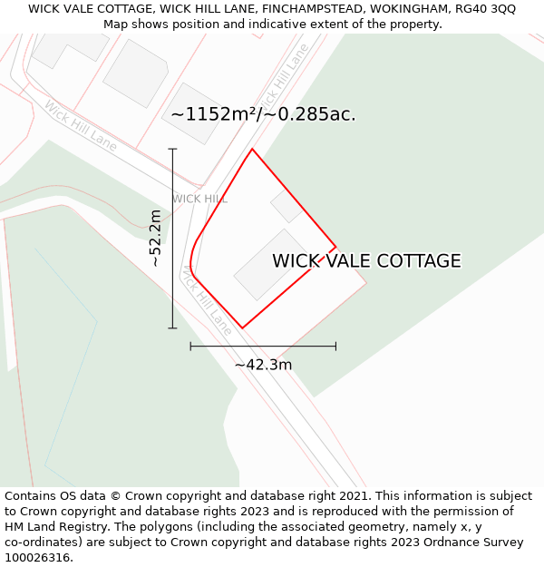 WICK VALE COTTAGE, WICK HILL LANE, FINCHAMPSTEAD, WOKINGHAM, RG40 3QQ: Plot and title map