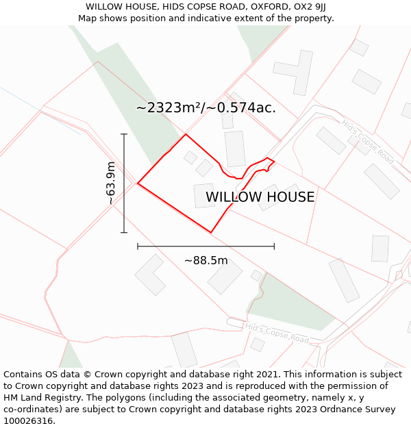 WILLOW HOUSE, HIDS COPSE ROAD, OXFORD, OX2 9JJ: Plot and title map