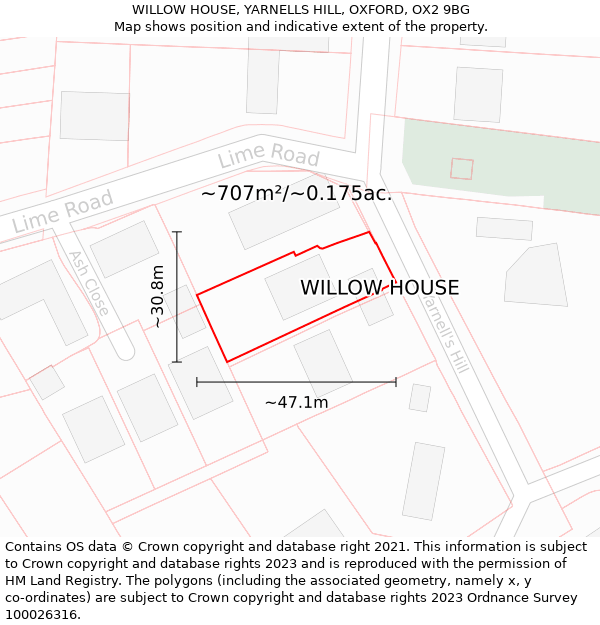 WILLOW HOUSE, YARNELLS HILL, OXFORD, OX2 9BG: Plot and title map