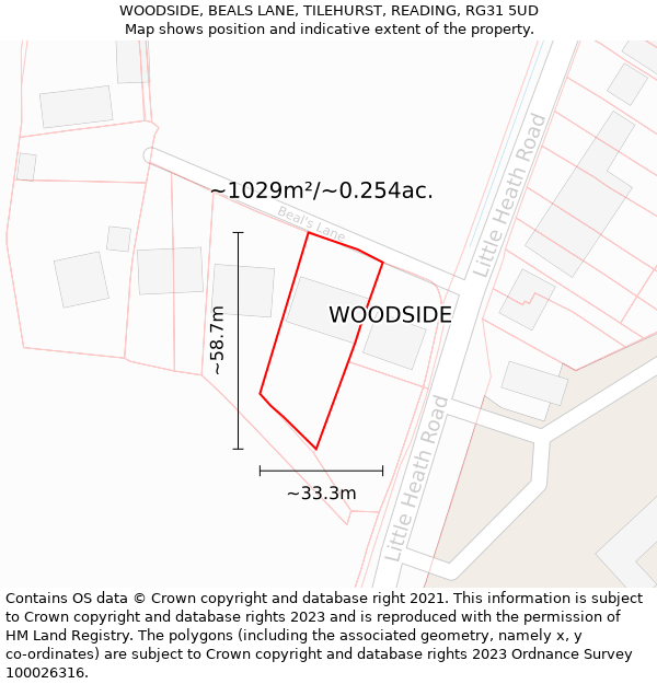 WOODSIDE, BEALS LANE, TILEHURST, READING, RG31 5UD: Plot and title map