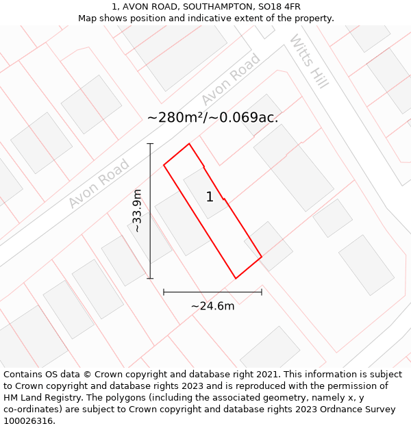 1, AVON ROAD, SOUTHAMPTON, SO18 4FR: Plot and title map