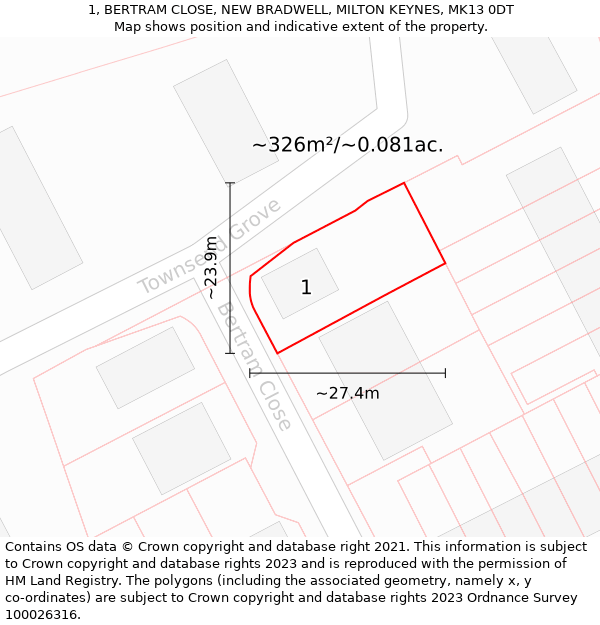 1, BERTRAM CLOSE, NEW BRADWELL, MILTON KEYNES, MK13 0DT: Plot and title map