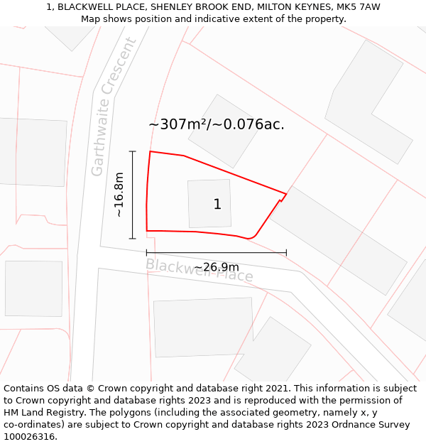 1, BLACKWELL PLACE, SHENLEY BROOK END, MILTON KEYNES, MK5 7AW: Plot and title map