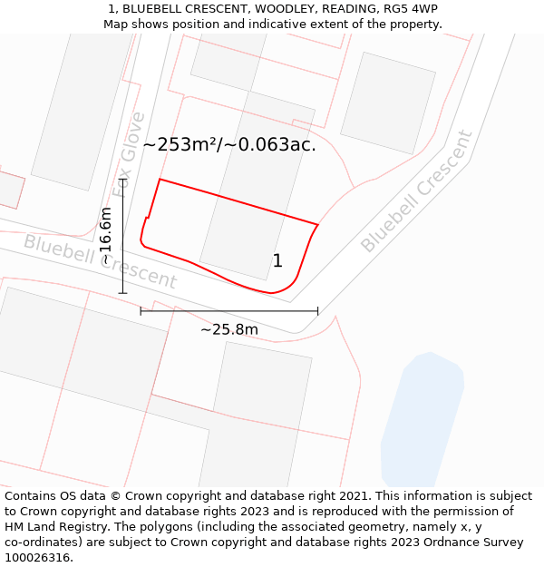 1, BLUEBELL CRESCENT, WOODLEY, READING, RG5 4WP: Plot and title map